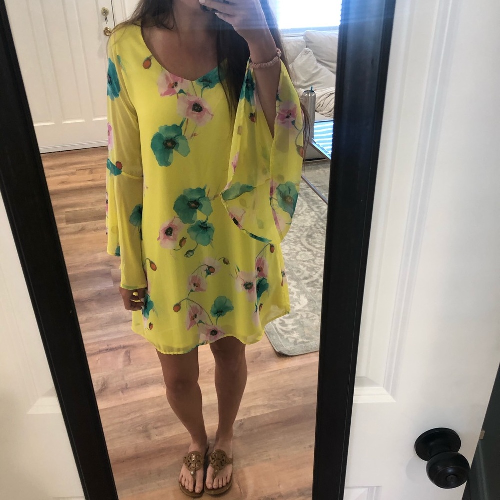 Yellow Floral Dress with Bell Sleeves